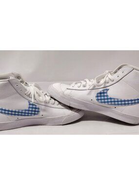 Nike Blazer Mid 77 Women Size 9 White Blue Gingham Plaid Sneakers